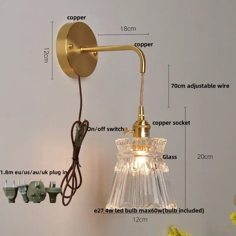 Gold fluted clear glass led wall lights bedroom sconce with crystals