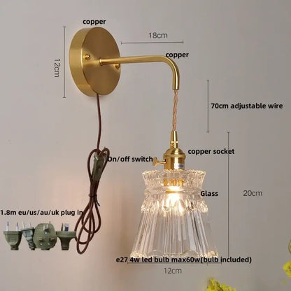 Gold fluted clear glass led wall lights bedroom sconce with crystals