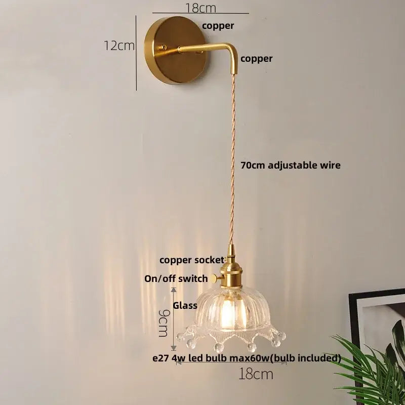 Gold fluted clear glass led wall lights bedroom sconce with crystals