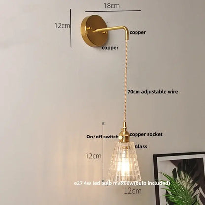 Gold fluted clear glass led wall lights bedroom sconce with crystals