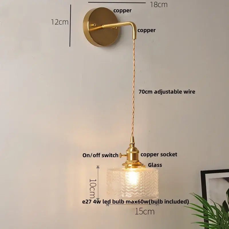 Gold fluted clear glass led wall lights bedroom sconce with crystals