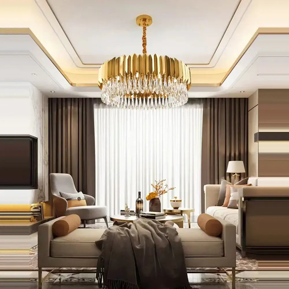 Gold fluted crystal water droplet pendant lights for dining room