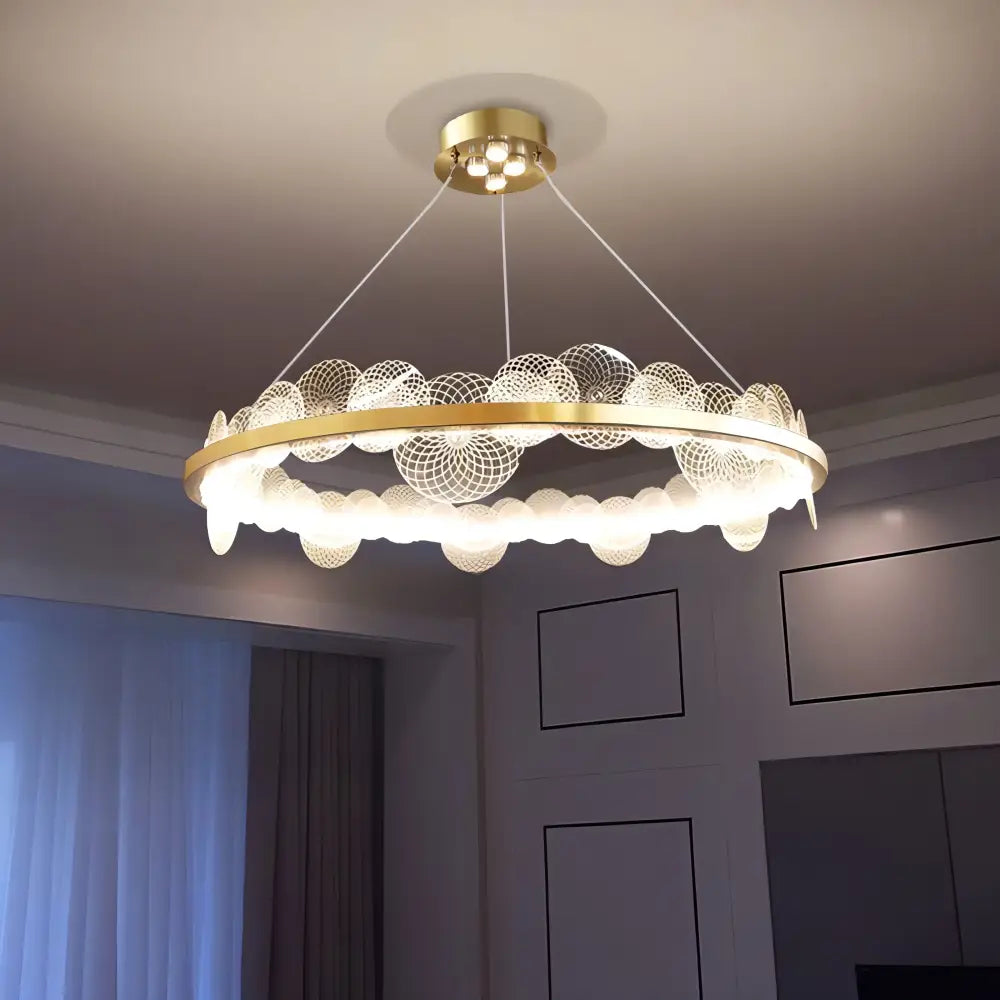 Gold frost texture led ring chandelier living room mesh globe light