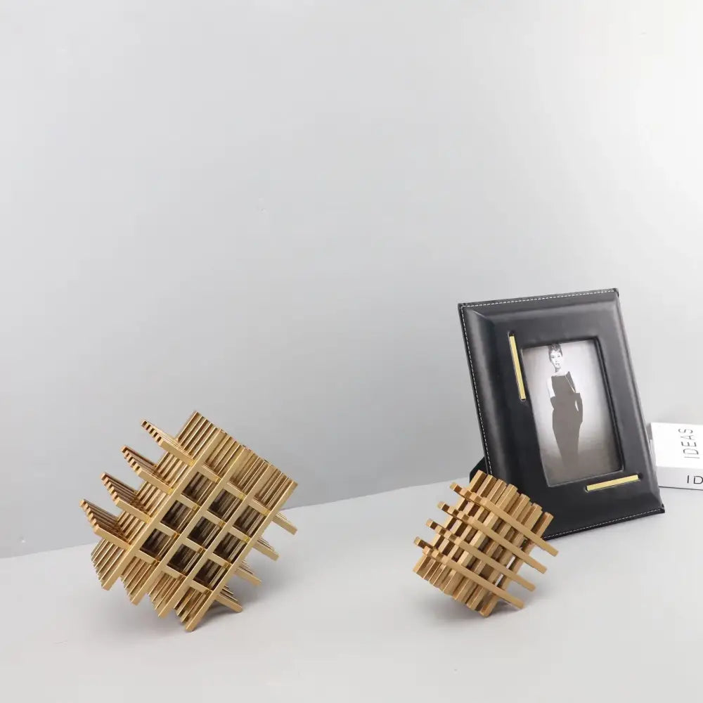 Gold geometric block metal bookends living room lattice decor