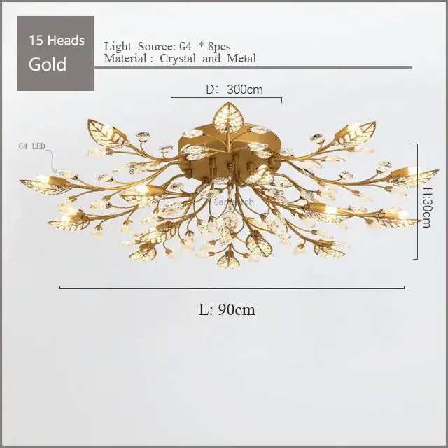 Gold leaf crystal ceiling chandelier led for living room