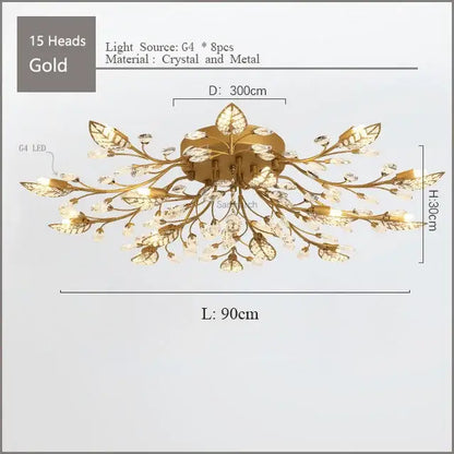 Gold leaf crystal ceiling chandelier led for living room