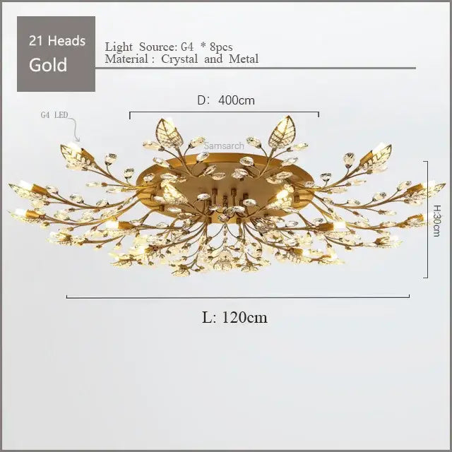 Gold leaf crystal ceiling chandelier led for living room