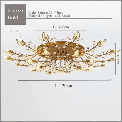Gold leaf crystal ceiling chandelier led for living room