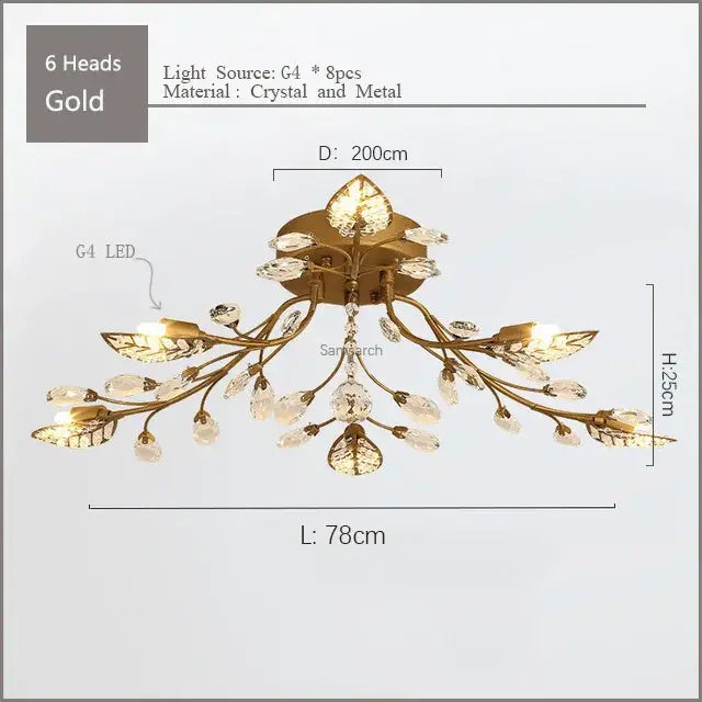 Gold leaf crystal ceiling chandelier led for living room