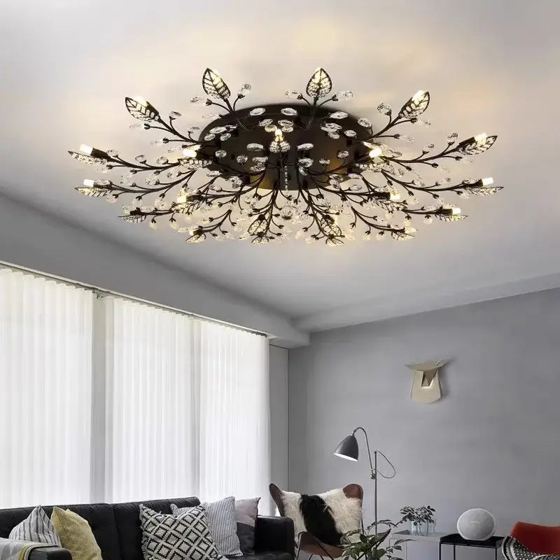 Gold leaf crystal ceiling chandelier for living room