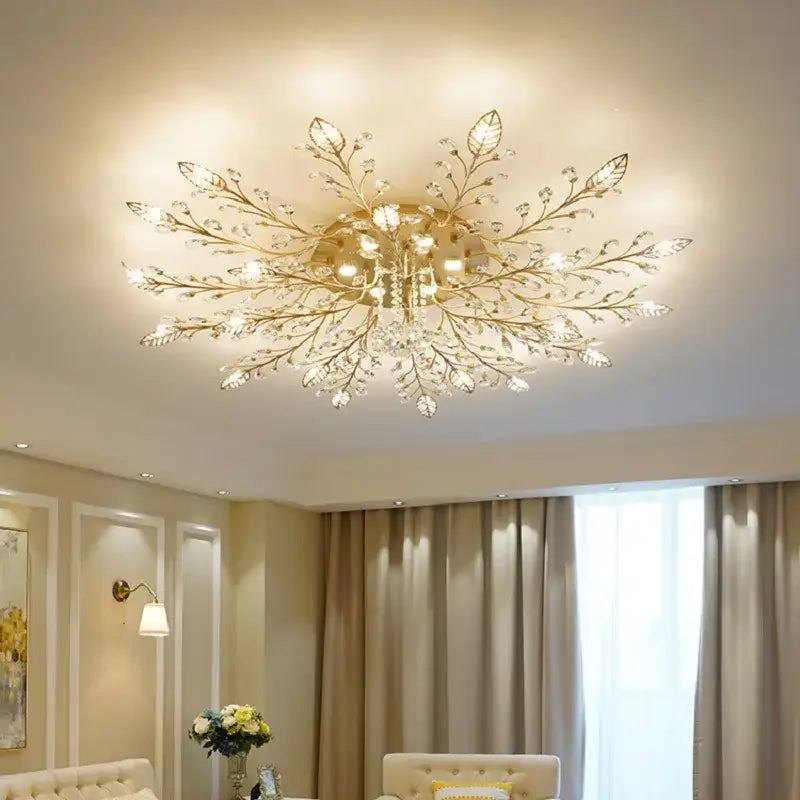 Gold leaf crystal ceiling chandelier for living room