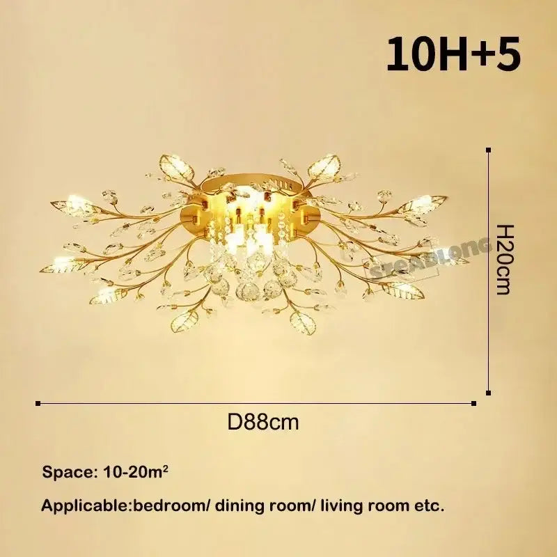Gold leaf crystal ceiling chandelier living room light
