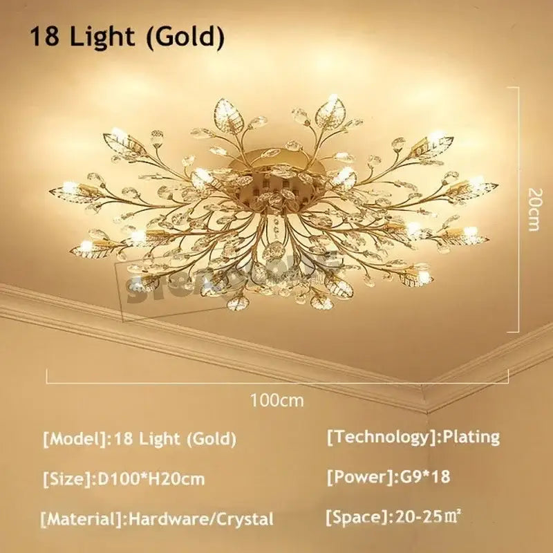 Gold leaf crystal ceiling chandelier living room light