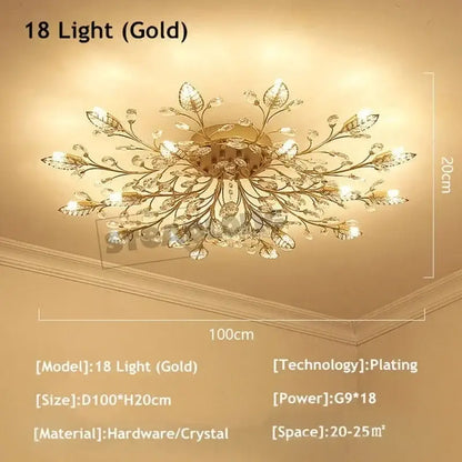 Gold leaf crystal ceiling chandelier living room light