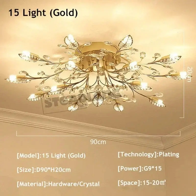 Gold leaf crystal ceiling chandelier living room light