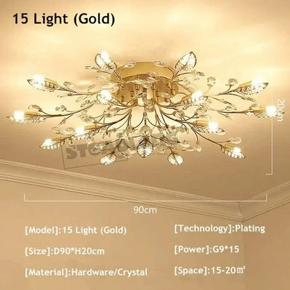Gold leaf crystal ceiling chandelier living room light