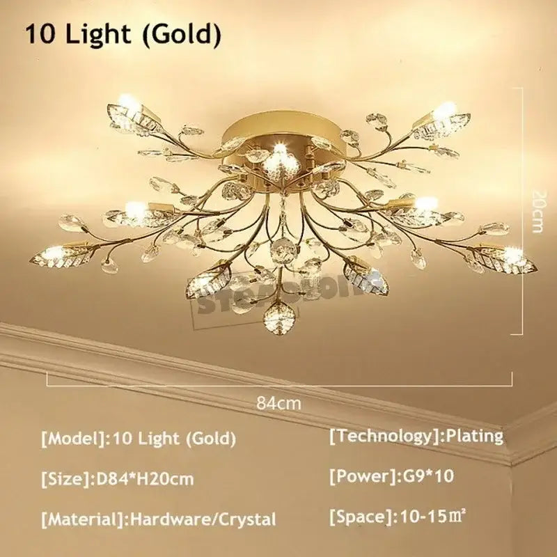 Gold leaf crystal ceiling chandelier living room light
