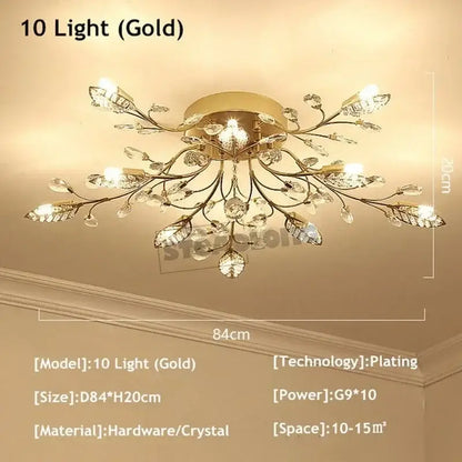 Gold leaf crystal ceiling chandelier living room light