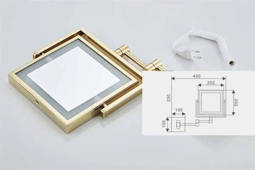 Gold led wall mounted folding square makeup mirror bedroom 3x magnifying