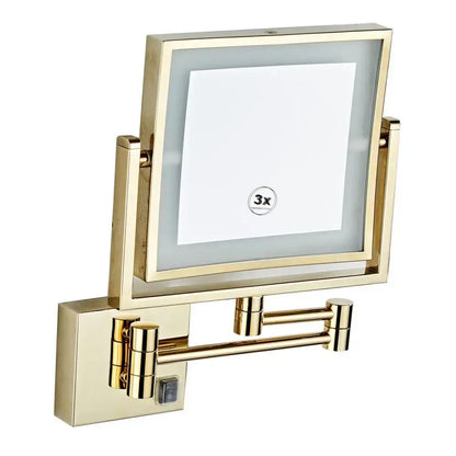 Gold led wall mounted folding square makeup mirror bedroom 3x magnifying