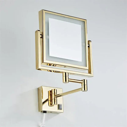Gold led wall mounted folding square makeup mirror bedroom 3x magnifying