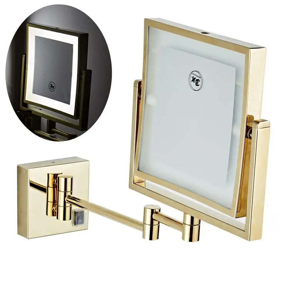 Gold led wall mounted folding square makeup mirror bedroom 3x magnifying