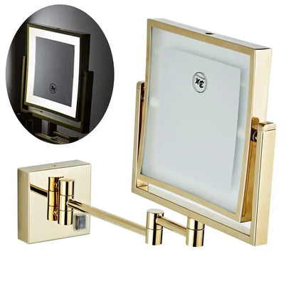 Gold led wall mounted folding square makeup mirror bedroom 3x magnifying