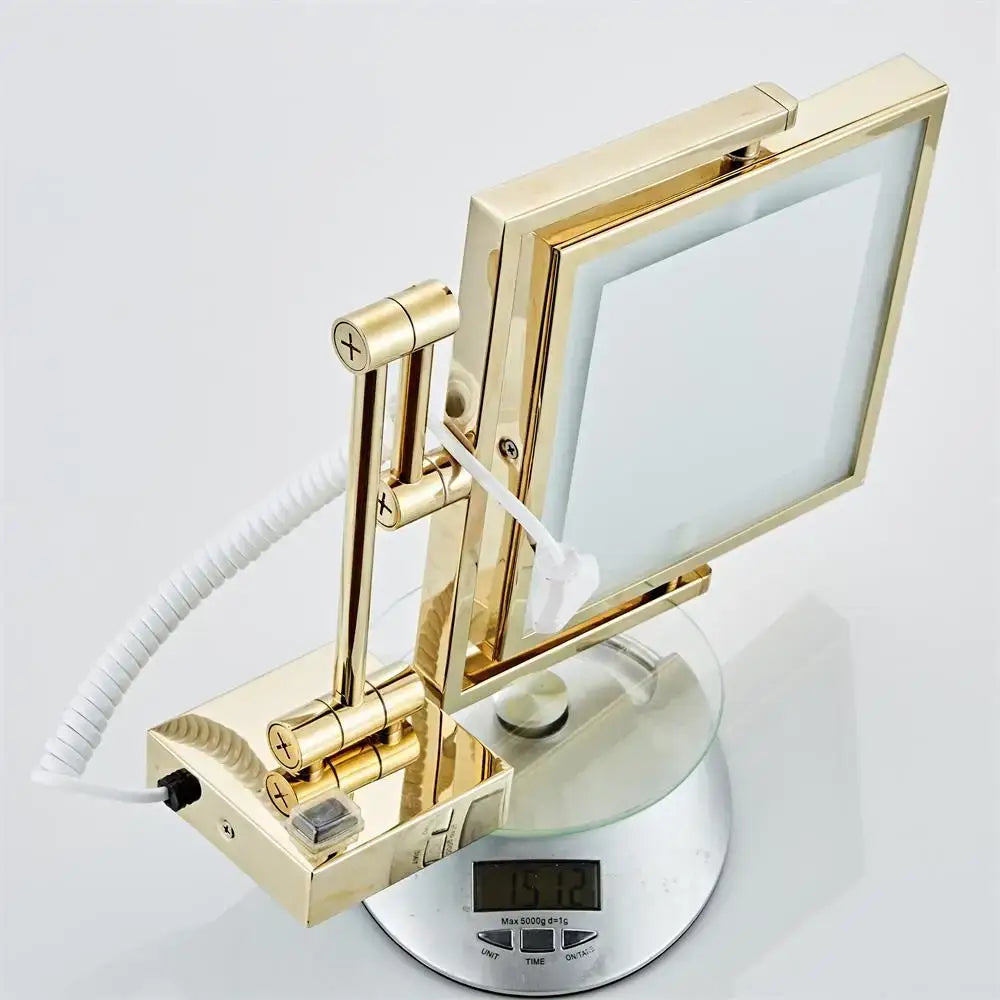 Gold led wall mounted folding square makeup mirror bedroom 3x magnifying