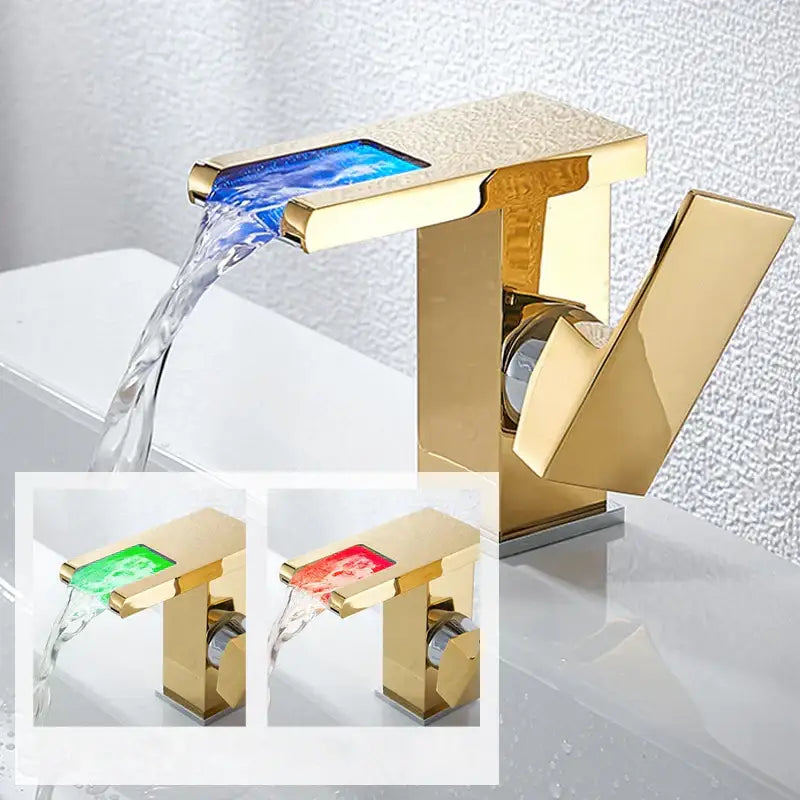 Gold led waterfall basin faucet bathroom temperature color tap