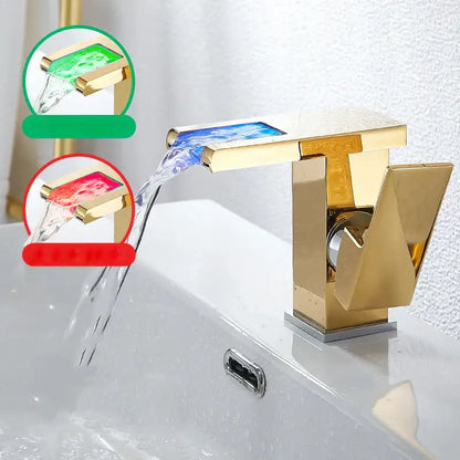 Gold led waterfall basin faucet bathroom temperature color tap