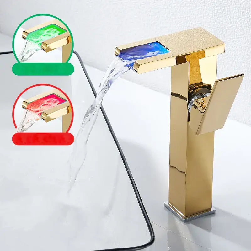 Gold led waterfall basin faucet bathroom temperature color tap