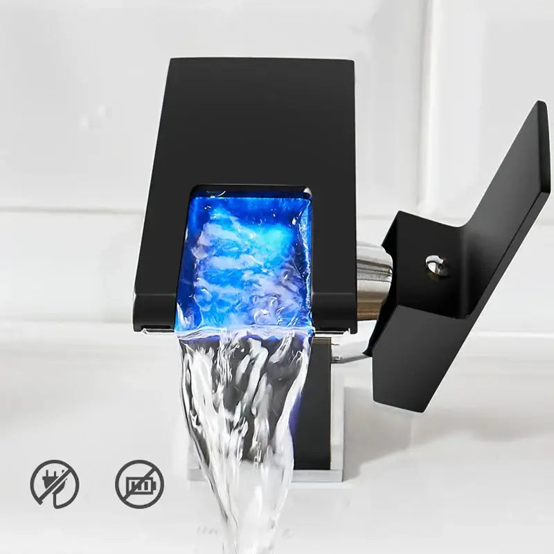 Gold led waterfall basin faucet bathroom temperature color tap