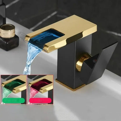 Gold led waterfall basin faucet bathroom temperature color tap