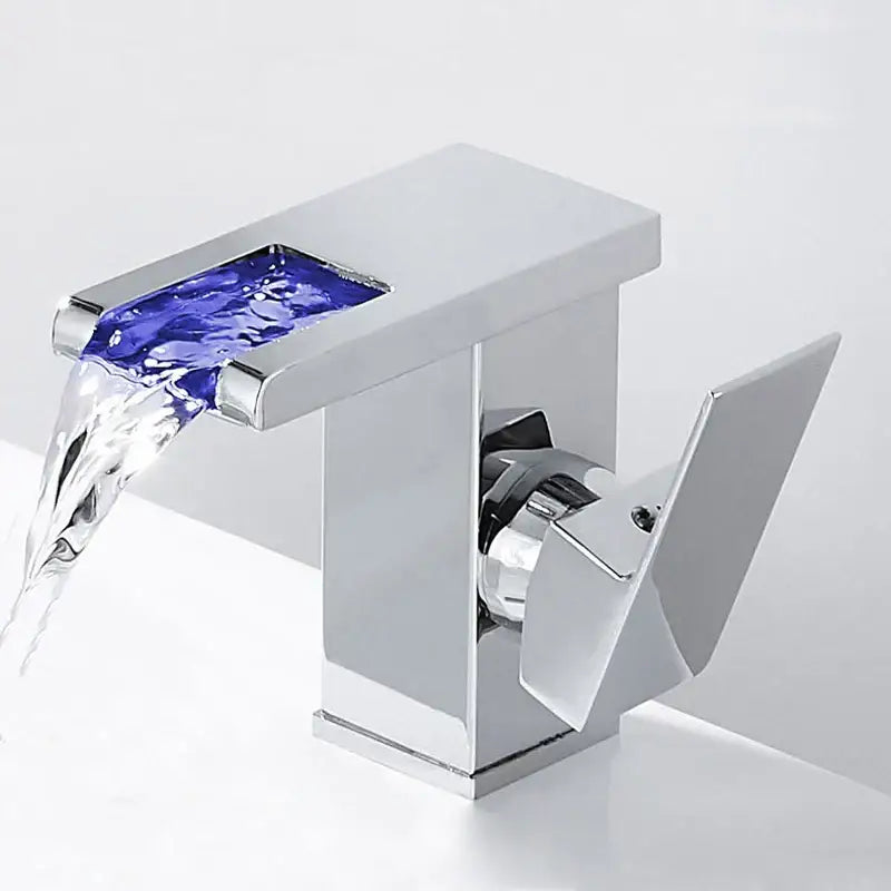 Gold led waterfall basin faucet bathroom temperature color tap