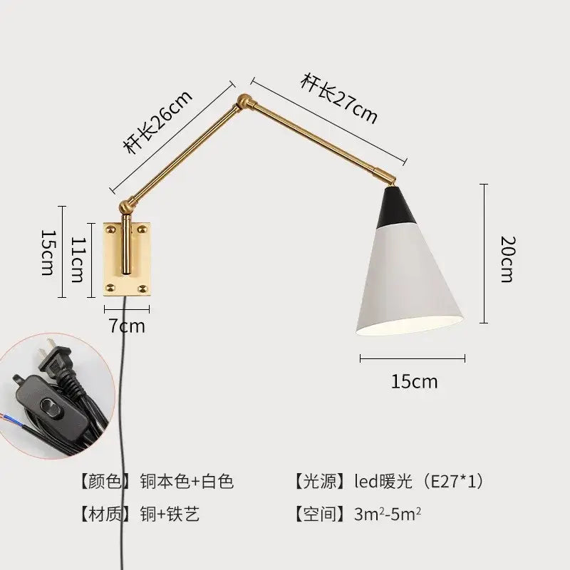 Gold lustre brass swing arm wall lamp for bedroom with white shade