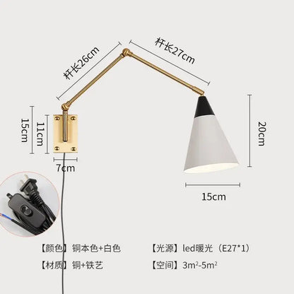 Gold lustre brass swing arm wall lamp for bedroom with white shade
