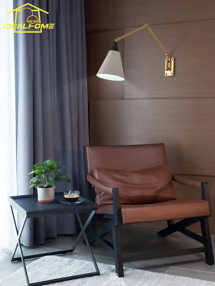 Gold lustre brass swing arm wall lamp for bedroom with white shade