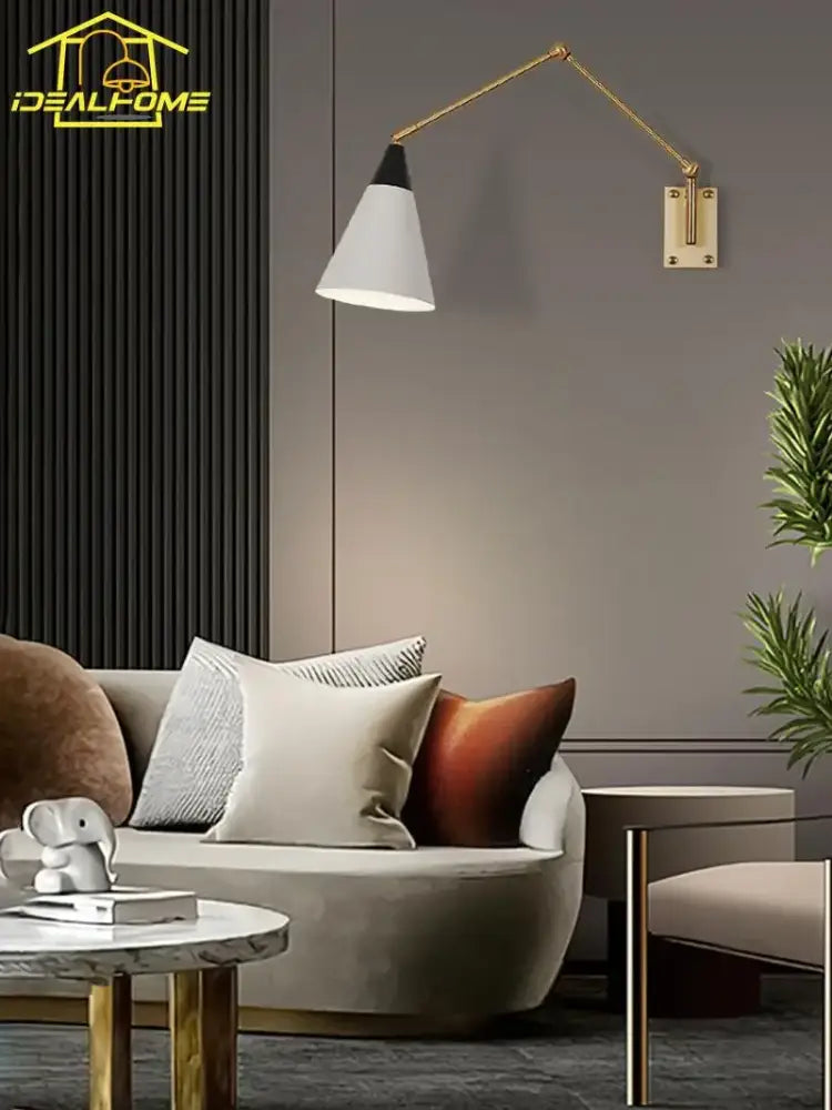 Gold lustre brass swing arm wall lamp for bedroom with white shade