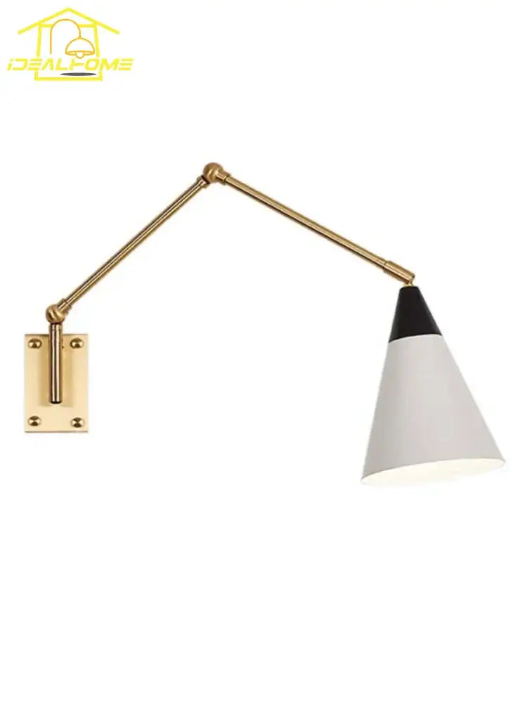 Gold lustre brass swing arm wall lamp for bedroom with white shade