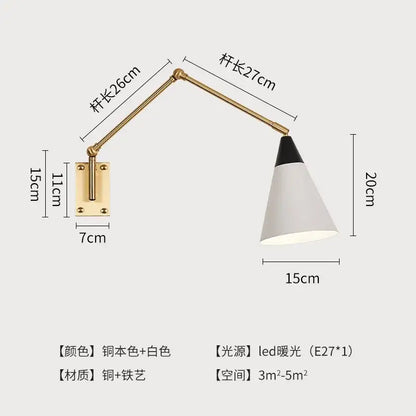 Gold lustre brass swing arm wall lamp for bedroom with white shade
