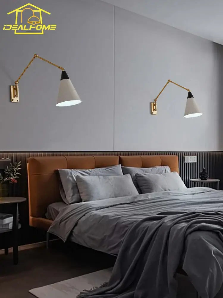 Gold lustre brass swing arm wall lamp for bedroom with white shade