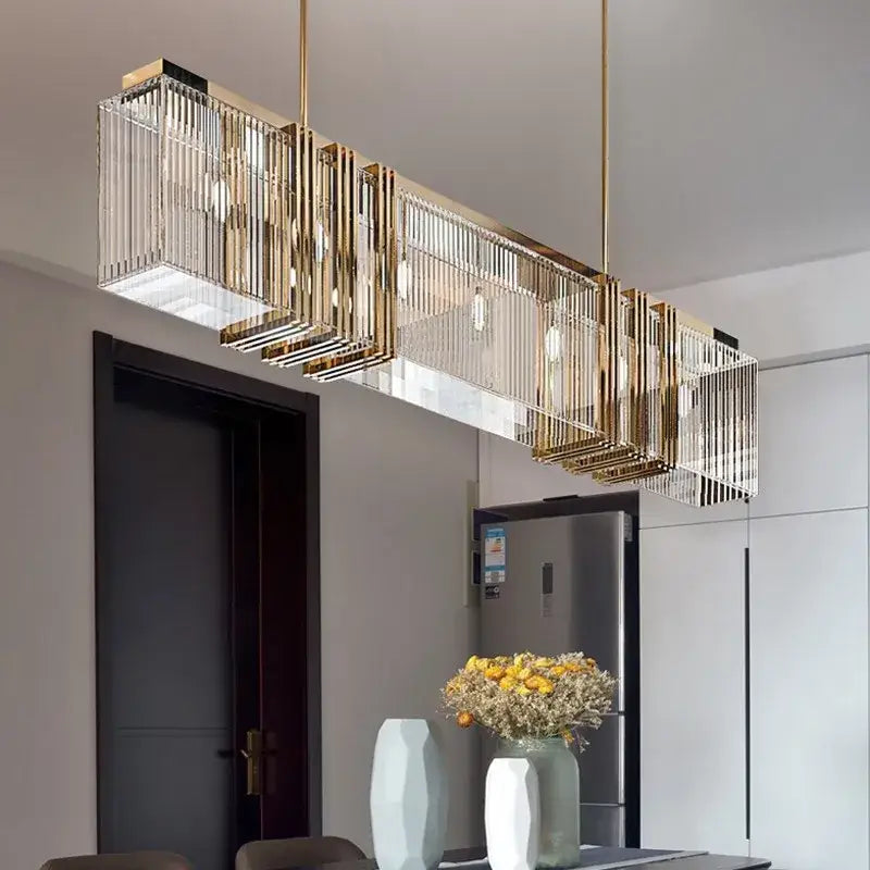 Gold lustre steel crystal pendant light dining room rectangular fixture
