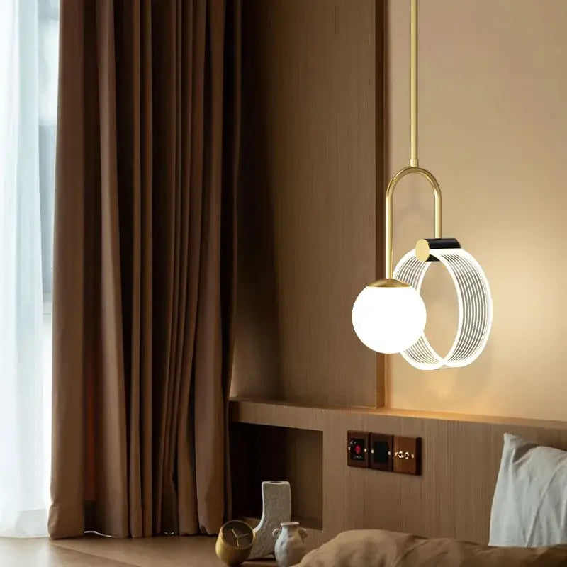 Gold luxury led pendant light bedroom glass spheres and rings