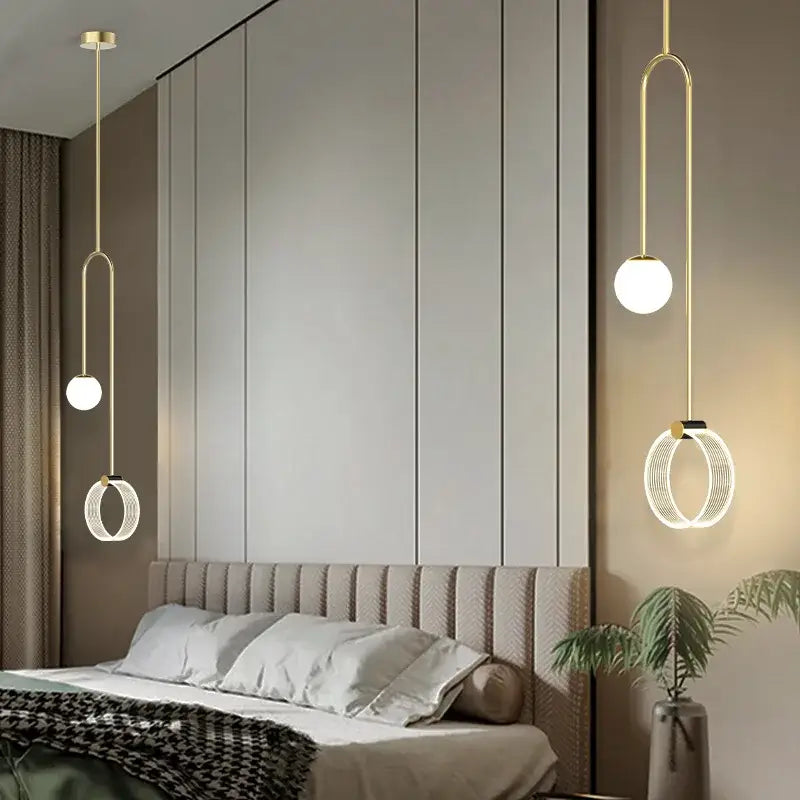 Gold luxury led pendant light bedroom glass spheres and rings