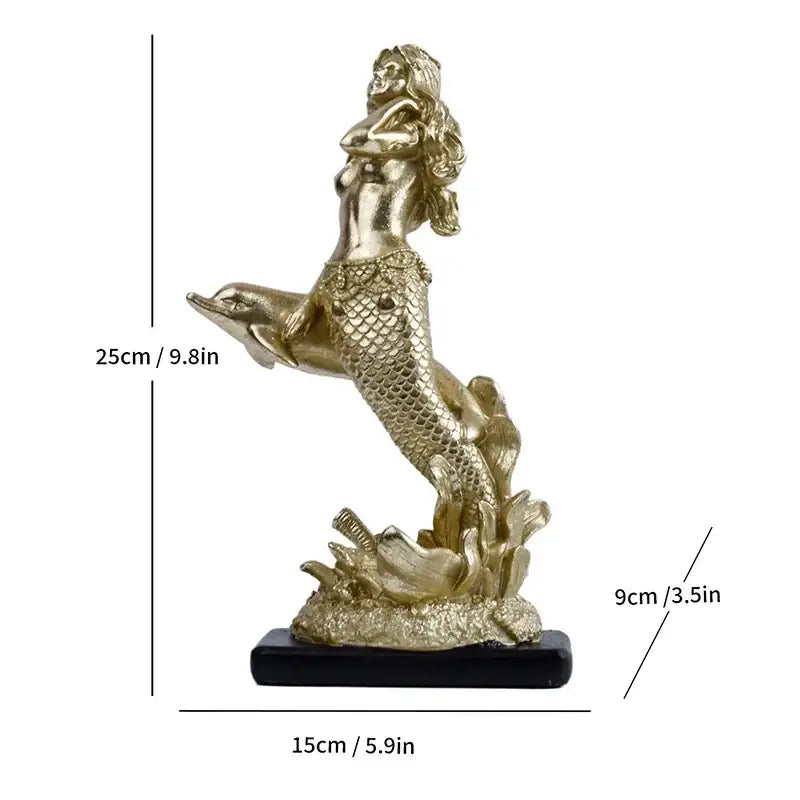 Gold mermaid statue resin sculpture living room dolphin ornament