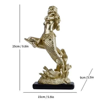 Gold mermaid statue resin sculpture living room dolphin ornament