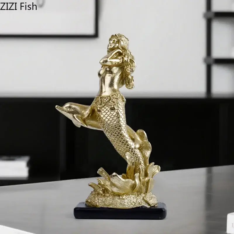 Gold mermaid statue resin sculpture living room dolphin ornament