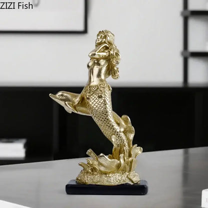 Gold mermaid statue resin sculpture living room dolphin ornament