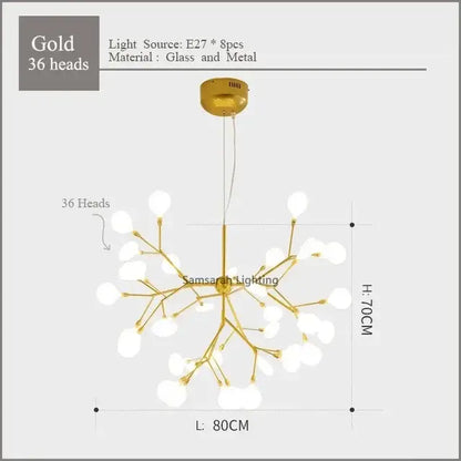 Gold nordic firefly led chandelier dining room glass pendant light