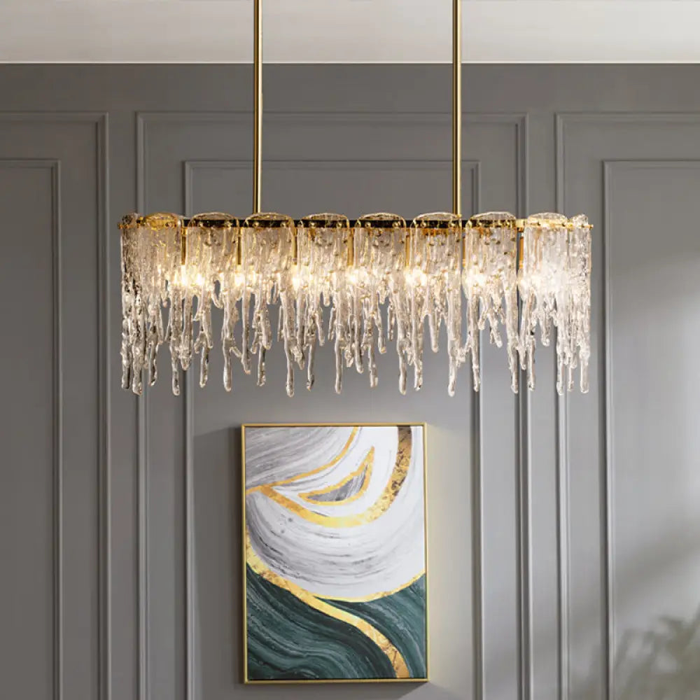 DecorBites™ Gold Oval Island Pendant Lamp: Minimalist Design with Clear Crystal, 7 Bulbs & Melting Ice-inspired